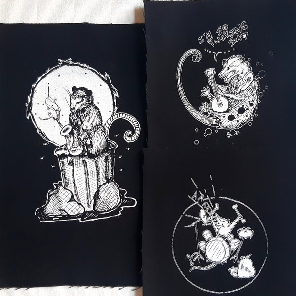 Pack of 3 patches - the Musicians - Trash opossums bandmates screen printed on canvas