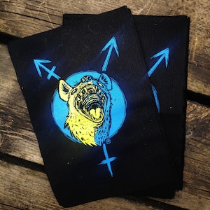 Hyenna patch - Open jaw Transfeminist hyenna - intersectional feminism - blue and yellow ink original design screenprinted on black fabric