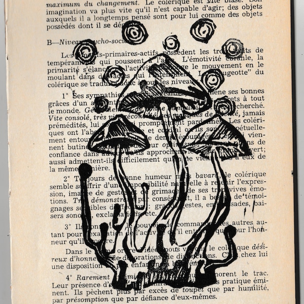 Fungi - Psychedelic Mushroom Linocut print on book page - DIY Dark wildlife art