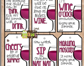 6 Etiquetas de regalo WINE FAVOR, Agradecimiento a los maestros, Agradecimiento a los voluntarios, Regalos de fin de año escolar, Imprimible, Descargar