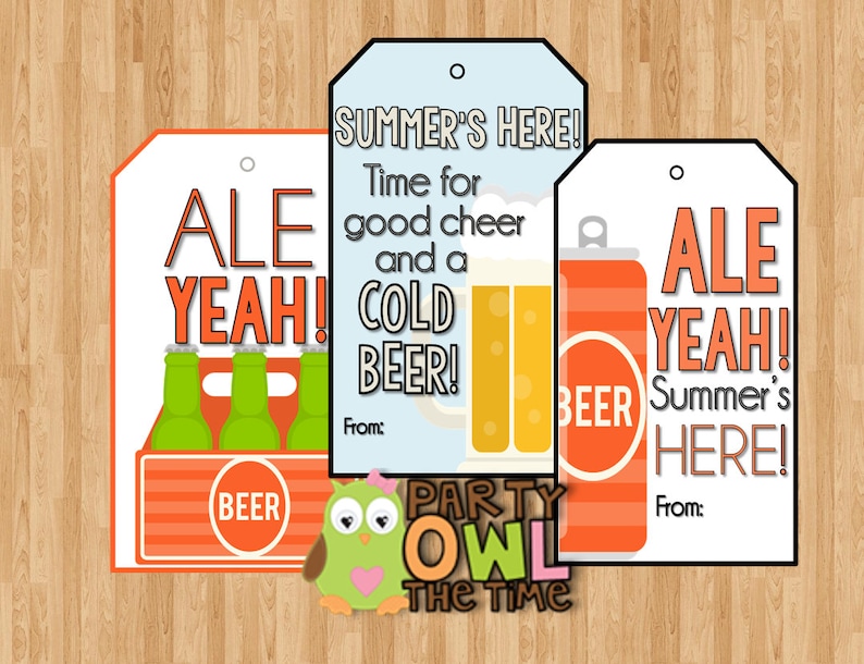 May include: Three printable gift tags with a summer beer theme. The tags feature the text "ALE YEAH!" and illustrations of beer bottles and cans. The text "SUMMER'S HERE!" and "Time for good cheer and a COLD BEER!" are also included on the tags.