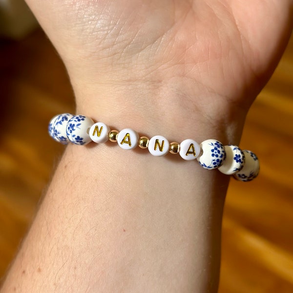 Personalized Blue Floral Bracelet | Porcelain | 14k Gold | Custom Jewelry | Gifts for Her | Bridal Gift | Mother's Day Gift | Birthday Gift