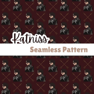 May include: Seamless pattern featuring a repeating design of a woman with a bow and arrow, set against a dark red background with crossed arrows. The text "Katniss Seamless Pattern" is displayed in a white banner.