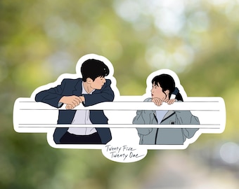 May include: A sticker featuring a cartoon illustration of two people looking at each other. The people are standing on either side of a white fence. The text "Twenty Five Twenty One" is written below the fence.
