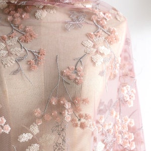 0.5 yard Width 51.18 inches lace fabric,embroidered lace,pink floral lace fabric with sequins,3D lace fabric,lace for DIY dress,130CM(221-9)