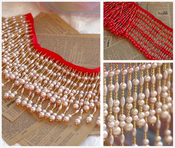 Width 3.93'' Beaded Tassels Lace Trim,champagne/red Beaded Lace,pearl Lace  for DIY Dress (220-184) - Etsy