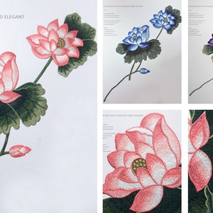 Könnte beinhalten: Gestickte Lotusblüten-Designs in Rosa, Blau und Lila. Die Blüten sind von grünen Blättern und Stielen umgeben. Die Designs sind perfekt, um jedem Projekt einen Hauch von Eleganz zu verleihen.