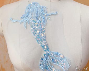 Appliques de sirène à coudre sequins sur tulle - écusson motif dentelle, embellissement de robe de mariée, décoration cosplay DIY, ivoire or bleu rose