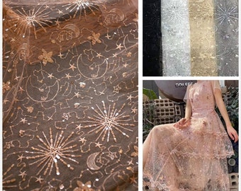 0.5 meter Width 53.15'' star lace fabric,Beaded lace fabric,star 3D lace fabric with Sequins(220-194)