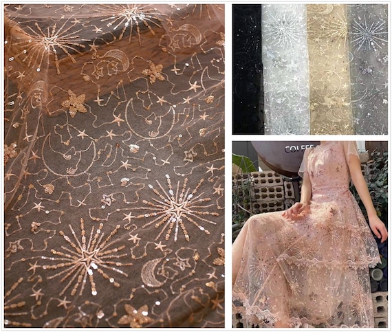 0.5 meter Width 53.15'' star lace fabric,Beaded lace fabric,star 3D lace fabric with Sequins(220-194)