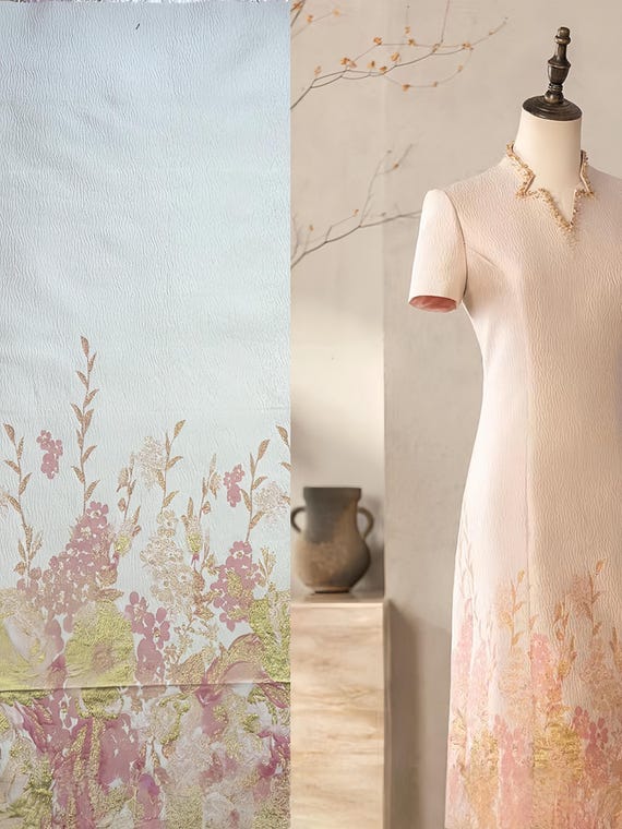 1 meter Luxury Embroidered Floral Fabric High-Quality Brocade Material for Dressmaking Elegant Gold Thread Textile for Gowns and Formal Wear