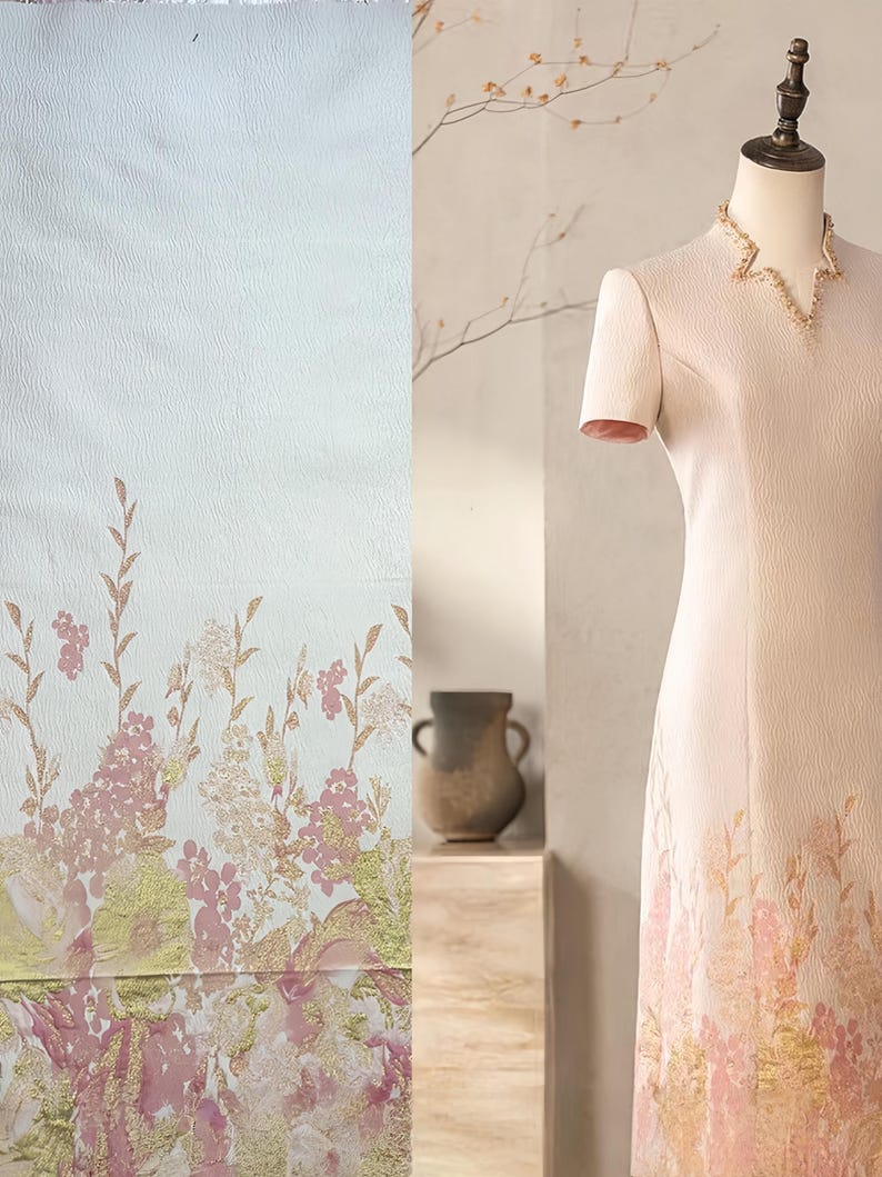 1 meter lyxigt broderat blommigt tyg av hög kvalitet, brokadmaterial för klädsömnad, elegant guldtrådstextil för klänningar och högtidskläder bild 1