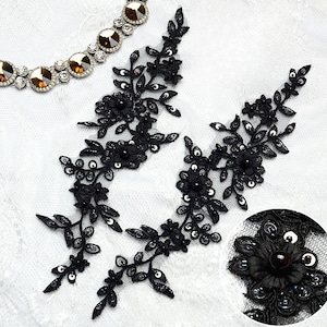 Beaded black Flower Lace Appliques,Pearl Embroidered Flowers,Patches For Wedding Supplies,Bridal Hair Flower,Headpiece,lace (106-37)