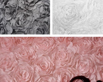 Width 51.18 inches pink/milk white /black flowers fabric,chiffon floral trim,3D fabric,Flower fabric for DIY dress,130CM(86-6)