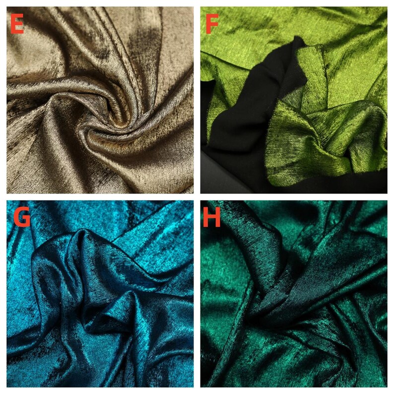 Pode incluir: Close-up de quatro amostras de tecido em diferentes cores: dourado, verde, azul-petr&oacute;leo e verde escuro. O tecido tem um brilho sutil e uma superf&iacute;cie ligeiramente texturizada.