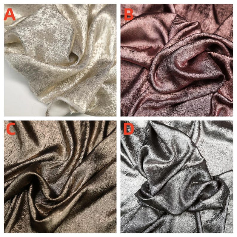 Pode incluir: Quatro amostras de tecido em diferentes cores e texturas. As amostras est&atilde;o dispostas em uma grade. A amostra superior esquerda &eacute; de cor ouro claro com um brilho sutil. A amostra superior direita &eacute; de cor ouro rosa com uma textura suave e sedosa. A amostra inferior esquerda &eacute; de cor marrom escuro com um brilho sutil. A amostra inferior direita &eacute; de cor prata com uma textura suave e sedosa.