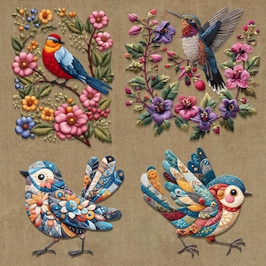 May include: Four colourful bird illustrations with floral accents. One bird is perched on a branch, surrounded by pink and orange flowers. Another is a hummingbird with outstretched wings. The other two birds have decorative patterns.