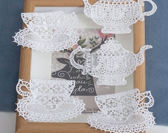 1 pcs Teapot Teacup ivory Lace Cloth Appliques,Embroidered Flowers,Patches For Wedding Supplies(104-152)