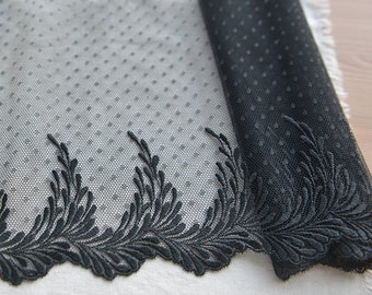 Ancho 7.48 pulgadas Negro punto tul encaje ajuste, flores bordado encaje, tela de encaje, ribete de encaje floral para el vestido, encaje para vestido DIY(63-423)