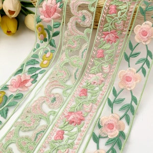 Largeur 5 cm, bordure en dentelle florale, bordure en dentelle brodée de fleurs en 3 couleurs, bordure en dentelle, bordure en dentelle festonnée, dentelle artisanale, rubans pour travaux manuels (84-72)