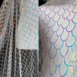 0.5 meter Mermaid Scale Sequin Tulle Fabric | Soft Iridescent Shimmering Embroidered Netting | Transparent DIY Designer Material(162-29)