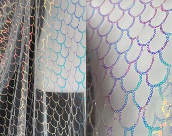 Tela de tul con lentejuelas de sirena de 0,5 metros, malla bordada suave, iridiscente y brillante, material transparente para diseño DIY (162-29)