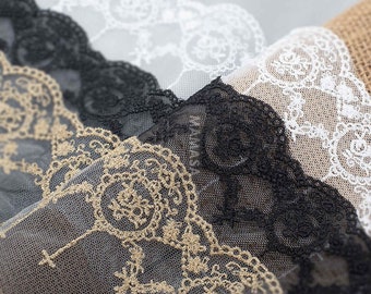 Width 5.9 inches black/ivory lace trim,floral lace,floral lace trim for bridal veil,scalloped trim lace for DIY dress(104-363)
