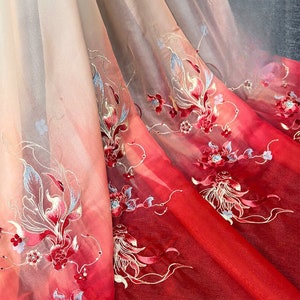 length 1 meter Width 150 cm goldfish lotus pattern chiffon fabric,animal embroidered lace,floral lace trim,lace for DIY Hanfu dress (191-15)