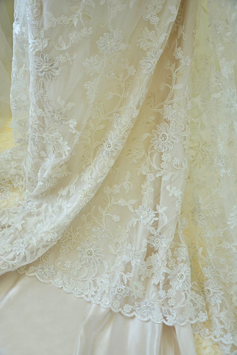 0.5 meter Width 59.05 inches ivory wedding lace fabric,Beaded embroidered lace,floral 3D lace fabric with Sequins 144-6