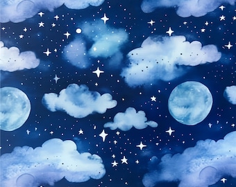 Tissu en coton céleste - Imprimé nuages et lune étoiles pour enfants Couture, courtepointe et bricolage | 100 % toile à armure toile, pour travaux manuels faits main