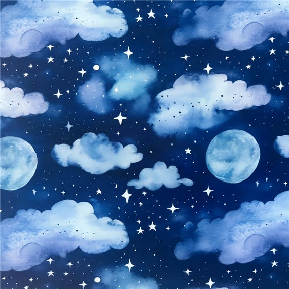 Celestial Cotton Fabric - Clouds Moon Stars Print for Kids Dressmaking, Quilting & Sewing DIY | 100% Plain Weave Cloth, for Handmade Crafts