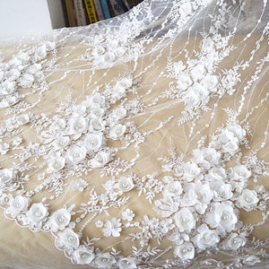 Width 53.14 inches wedding lace fabric,heavy beaded lace,flowers embroidered lace,floral 3D lace fabric,tulle sequins fabric120-241 image 1