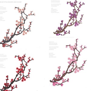 Könnte beinhalten: Vier gestickte Bügelbilder mit einem zarten Zweig mit rosa, roten, violetten und hellrosa Kirschblüten. Die Patches sind perfekt, um Kleidung, Taschen oder Wohnaccessoires einen Hauch von Eleganz zu verleihen.