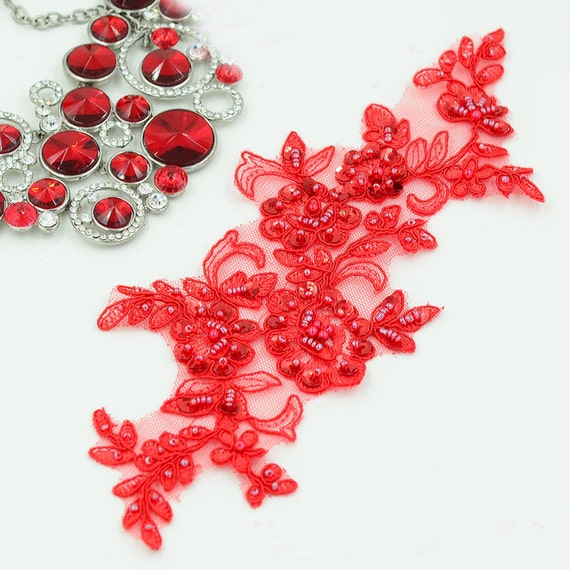 Beaded red Flower Lace Appliques,Pearl Embroidered Flowers,Patches For Wedding Supplies,Bridal Hair Flower,Headpiece,lace flower(106-37)