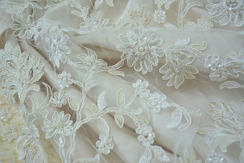0.5 meter Width 59.05 inches ivory wedding lace fabric,Beaded embroidered lace,floral 3D lace fabric with Sequins 144-6