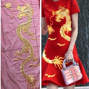 Big Embroidered Sequins Appliques,Gold Dragon red tulle Embroidered Appliques,Sew-on Patches For Dress Supplies Chinese Dress DIY (223-43)