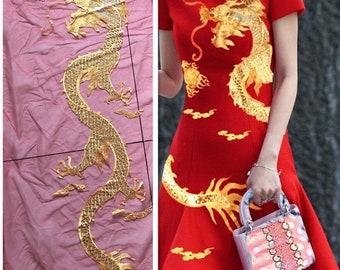 Big Embroidered Sequins Appliques,Gold Dragon red tulle Embroidered Appliques,Sew-on Patches For Dress Supplies Chinese Dress DIY (223-43)