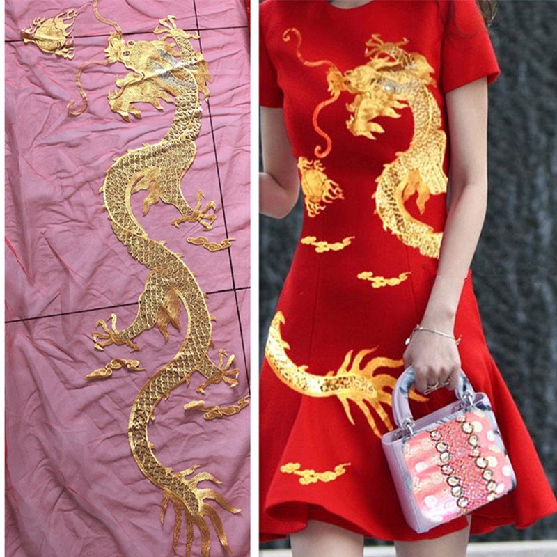 Big Embroidered Sequins Appliques,Gold Dragon red tulle Embroidered Appliques,Sew-on Patches For Dress Supplies Chinese Dress DIY (223-43)