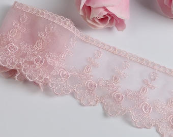 Width 2.36 inches pink lace trim, flowers embroidered lace,floral lace trim for bridal veil,scalloped trim lace,lace for DIY dress (181-72)