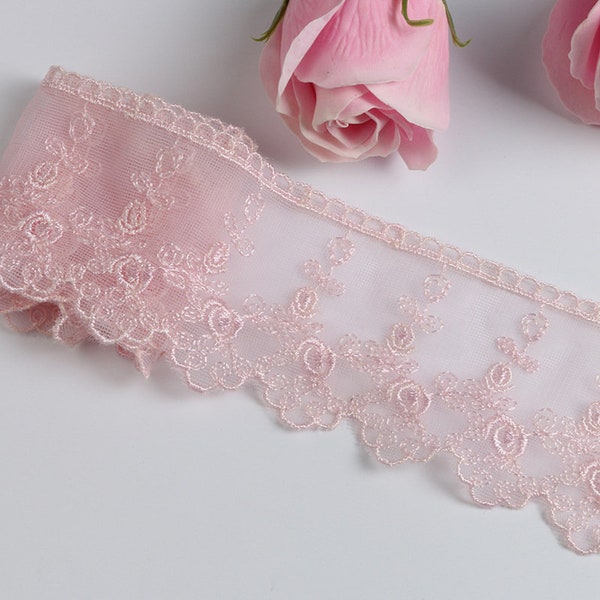 Width 2.36 inches pink lace trim, flowers embroidered lace,floral lace trim for bridal veil,scalloped trim lace,lace for DIY dress (181-72)