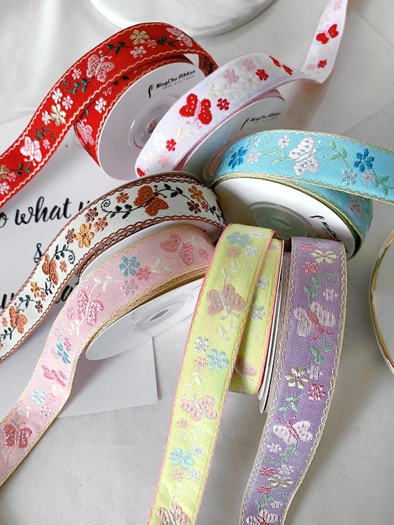 Vintage Floral Embroidered Ribbon Set – Pastel Garden Butterfly Lace Trim for Hair Bows, Gift Wrapping, Crafting & Decoration Projects