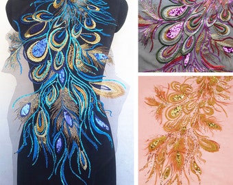 Grote geborduurde pailletten appliques, geborduurde bloemen, opnaaibare patches voor kledingbenodigdheden, pauw feniksveer voor kleding doe-het-zelf (223-41)
