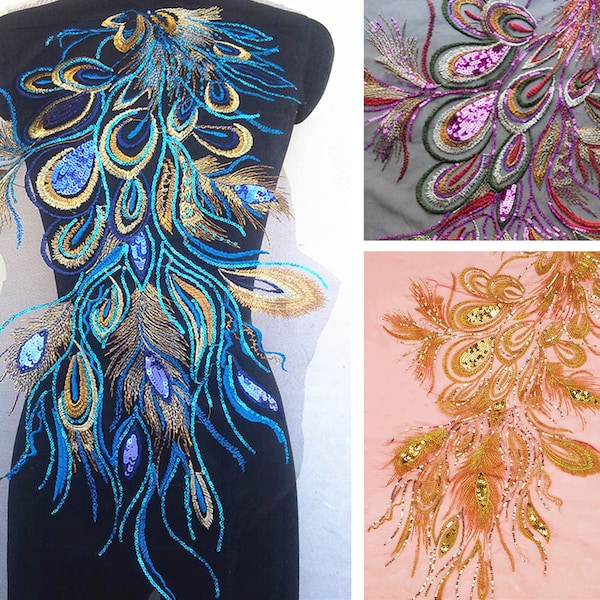 Big Embroidered Sequins Appliques,Embroidered Flowers,Sew-on Patches For Dress Supplies,Peacock phoenix feather For Dress DIY (223-41)