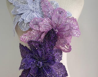 Broderie de fleurs en Organza dentelle | 1 paire, 3D, perles noires