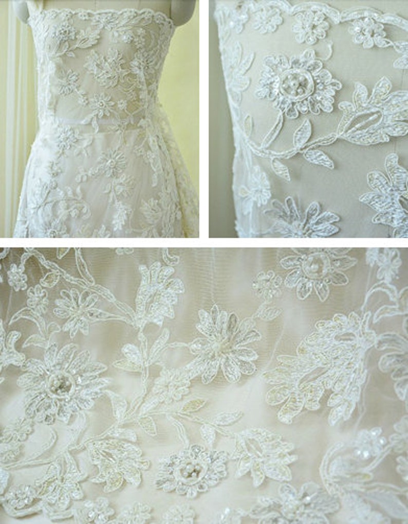 0.5 meter Width 59.05 inches ivory wedding lace fabric,Beaded embroidered lace,floral 3D lace fabric with Sequins 144-6