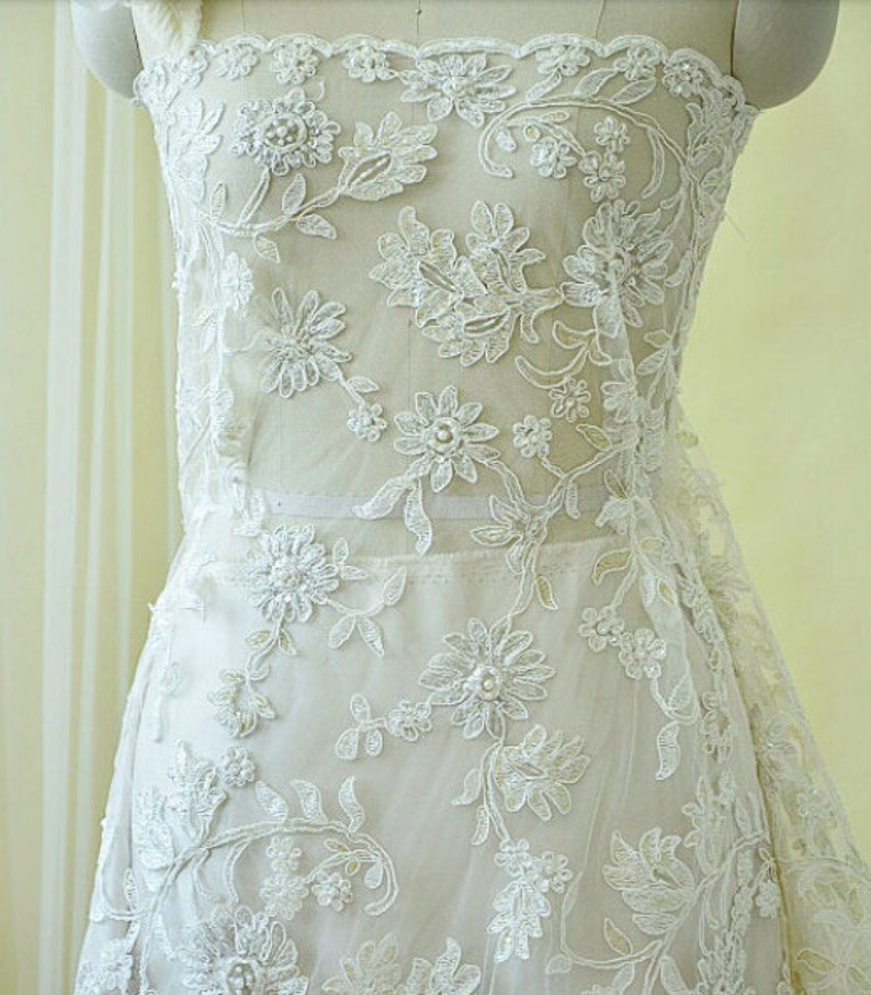 0.5 meter Width 59.05 inches ivory wedding lace fabric,Beaded embroidered lace,floral 3D lace fabric with Sequins 144-6