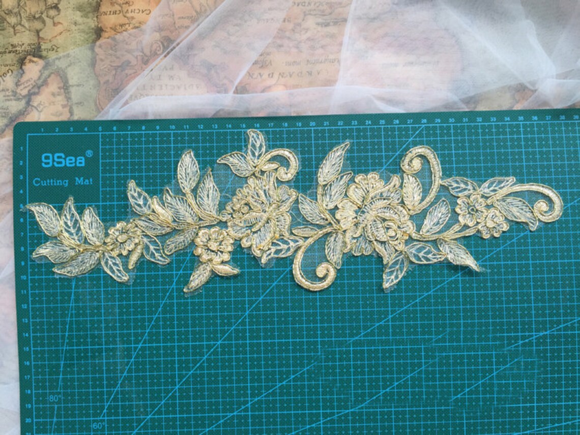 A Pair Embroidered Appliques Sewon Gold Applique Etsy