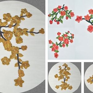 Könnte beinhalten: Gestickte florale Zweig-Patches in Gold und Rot. Die goldenen Patches weisen detaillierte Blumen- und Blattdesigns mit einem dunkelbraunen Stiel auf. Die roten Patches haben grüne Blätter und sind ebenfalls gestickt. Diese Patches sind ideal für Stoffverzierungen.
