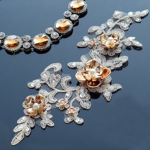 Beaded Light Champagne Flower Lace Appliques,Pearl Embroidered Flowers,Patches For Wedding Supplies,Bridal Hair Flower,Headpiece(106-43)