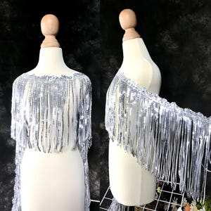 Silver Black Sequin Fringe Trim for Costumes,16CM Wide Shiny Tassel Lace for Dancewear, Designer Sequin Ribbon for DIY Fashion Sewing